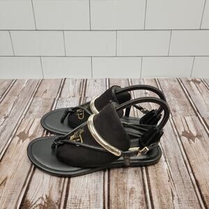 BCBGeneration Black Thong Sandals Gold Ring Ankle Strap Women's 7.5 Flat